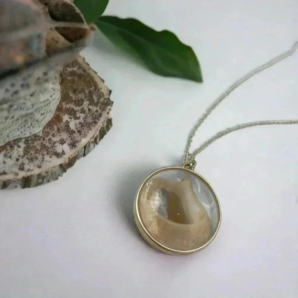 Hand Crafted Jewelry - Seashells by the Seashore Coffee Bean Shell Statement Necklace Silver Chain 22"